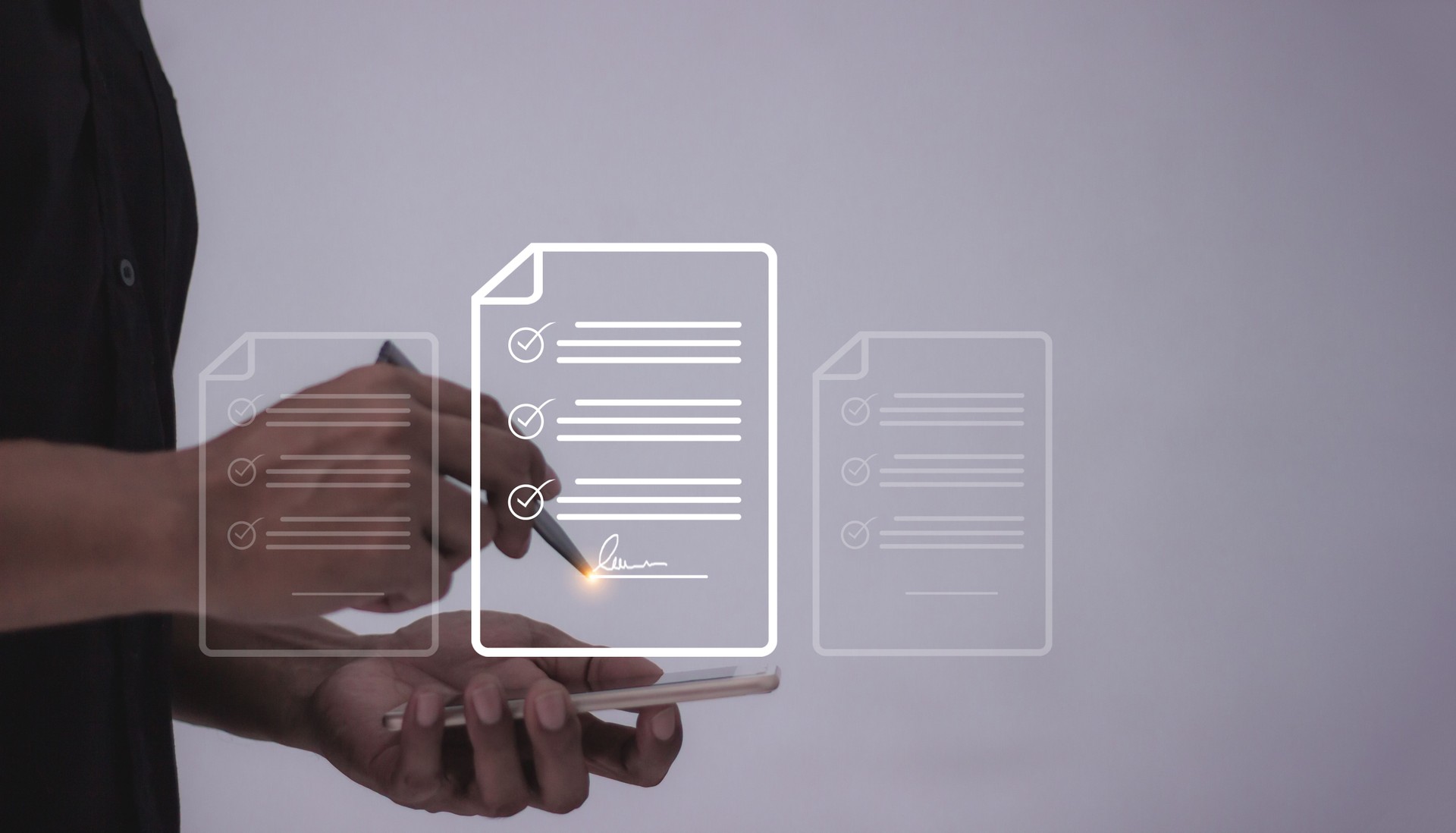 Young man with smartphone mobile hand hold a pen touching to sign a business contract online, Oline business contract, Electronic signature, Digital documents, Future business contract signing